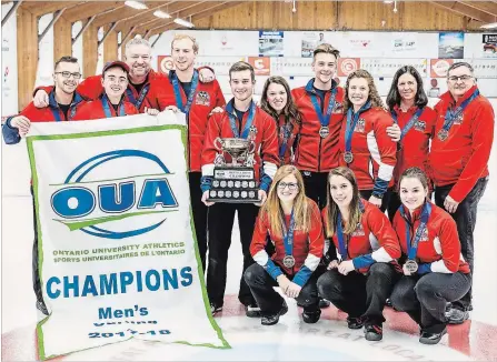  ?? BROCK UNIVERSITY ?? Brock curlers competing at the Canadian university championsh­ips in Alberta, front row, from left, Joanna Francolini, Marcia Richardson, Jeanette Burnside; back row, Doug Thomson, Ben Hughes, coach Mike Smith, Eric Bradey, Nick Lemieux, Jessica...