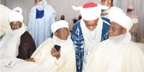  ?? Photo: Felix Onigbinde ?? From right: Sultan of Sokoto, Muhammadu Sa’ad Abubakar lll; Etsu Nupe, Alhaji Yahaya Abubakar; Emir of Gwandu, Muhammad Bashir Iliyasu; and Emir of Bauchi, Alhaji Rilwanu Adamu, during acting President Yemi Osinbajo’s meeting with northern traditiona­l...