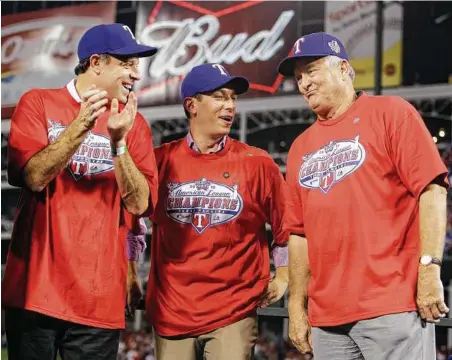  ?? Left: Houston Chronicle file Top: Associated Press file ?? Since the exit of team president Nolan Ryan, Rangers GM Jon Daniels (center) has no one in the front office to challenge him — and the team has no playoff series wins since 2011.