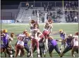  ?? MARK KEMPTON — FOR THE MORNING JOURNAL ?? Avon kicker Nathanial Vakos connects on a field goal as time expires to give the Eagles a 20-17 win over Avon Lake in the Division II, Region 6 final Nov. 6.