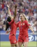  ?? ALESSANDRA TARANTINO — AP ?? United States’ Christen Press, left, celebrates with United States’ Lindsey Horan against England on Tuesday.