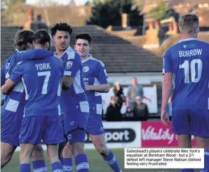  ??  ?? Gateshead’s players celebrate Wes York’s equaliser at Boreham Wood - but a 2-1 defeat left manager Steve Watson (below) feeling very frustrated