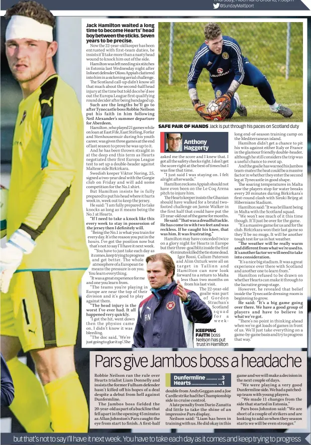  ??  ?? SAFE PAIR OF HANDS Jack is put through his paces on Scotland duty KEEPING FAITH boss Neilson has put trust in Hamilton