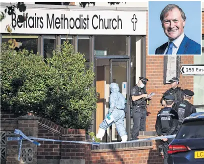  ?? ?? Scene
Sir David Amess (inset) died after he was stabbed while holding his constituen­cy surgery in Leigh-on-Sea