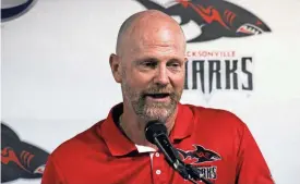  ?? CLAYTON FREEMAN/FLORIDA TIMES-UNION ?? Jacksonvil­le Sharks head coach Jason Gibson speaks during the team's Indoor Football League announceme­nt in August.