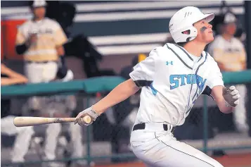  ?? JIM THOMPSON/JOURNAL ?? Cleveland High’s Jaren Jackson watches the flight of his homer to left field Friday that put the Storm in a 3-3 tie with Hobbs.