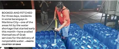  ?? COURTESY OF GRAB —PHOTO ?? BOOKED AND FETCHED For three days, residents in some barangays in Marikina City—one of the areas hit by the water shortage that started early this month—have availed themselves of Grab services for the delivery of nonpotable water.