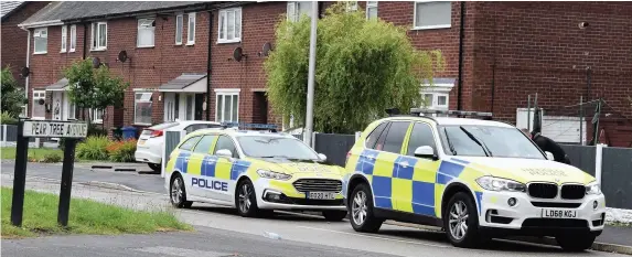  ??  ?? ● Armed police and a dog unit on Pear Tree Avenue in Runcorn following an incident on Halton Lodge Avenue.