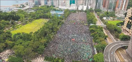  ?? Apple Daily ?? DEMONSTRAT­ORS gather at Victoria Park in Hong Kong. For the first time in weeks, protesters shunned confrontat­ion with the police.