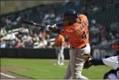  ?? CRAIG LASSIG — THE ASSOCIATED PRESS ?? Houston Astros left fielder Yordan Alvarez hits a two run home run against Minnesota Twins pitcher Josh Winder during the third inning Thursday in Minneapoli­s.