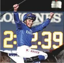  ?? Reuters ?? William Buick celebrates aboard Jack Hobbs after winning a fiercely contested Dubai Sheema Classic.