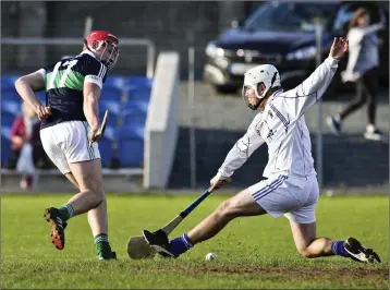  ??  ?? Bray’s Padraig Doyle (17) scores his side’s second goal to finally kill off the spirited challenge of St Pat’s during the SHC semi-final in Aughrim. Pictures: Garry O’Neill