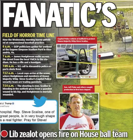  ??  ?? Capitol Police vehicle at ballfield to protect House Majority Whip Steve Scalise. Sen. Jeff Flake and others sought protection in first base dugout.