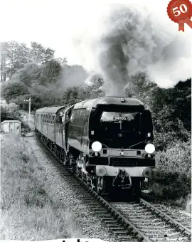 ?? MICK ROBERTS ?? As far as Steam Railway can ascertain, the 50th Barry engine to steam was ‘West Country’ No. 34105 Swanage, pictured leaving Alresford with its first passenger train, the 11.30am to Alton on August 23 1987.
