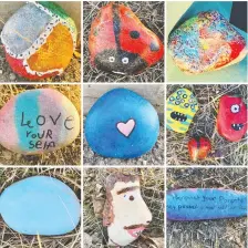  ?? Ivy HOFFMAN ?? Hand-painted rocks are adding colour and spreading joy on the trail along the Bow River near Douglasdal­e.