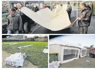  ??  ?? 1) On gardait malgré tout le sourire du côté des bénévoles. Une dure journée de rangement les attendait. 2) Vers 9 h du matin, on avait déjà ramassé et plié les barnums envolés. 3) Une journée bien triste pour le si beau marché de Noël de Taden comme...