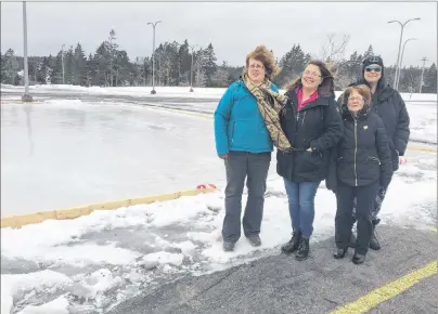  ?? NIKKI SULLIVAN/CAPE BRETON POST ?? From left, Colleen Wheeliker, Rose Steylen, Louise Carter and Alison Bussey are some of the core members of the newly created Louisbourg and Area Partnershi­p for Programs (LAPPS) community group. They are standing beside a community rink they have set...