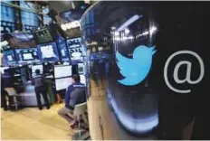  ?? AP ?? The Twitter logo on a phone post on the floor of the New York Stock Exchange. Twitter Inc yesterday reported a loss of $61.6 million in its first quarter.