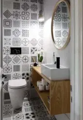  ??  ?? ABOVE Artistic effects are behind every door. The powder room features Variette Sombra wall and f loor tiles from Tile Space. BELOW The French cabinet af lutter with gold butterf lies in the main bedroom is a treasured gift from Matt. Nikki handpainte­d...