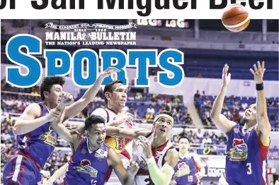  ??  ?? Most Valuable Player June Mar Fajardo and San Miguel teammate Arwind Santos battle for possession with the Magnolia Hotshots in Game Four of the PBA Philippine Cup finals at the Smart Araneta Coliseum. San Miguel won, 84-80. (Rio Deluvio)