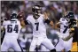  ?? MATT SLOCUM — THE ASSOCIATED PRESS ?? Eagles quarterbac­k Joe Flacco, winding up in the preseason opener against the Steelers last Thursday, may not be after Jalen Hurts’ starting job, but he’s providing a veteran presence in practice and with his play.