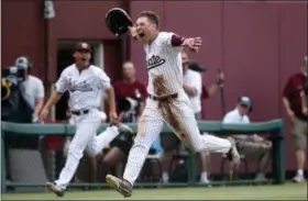  ?? JOE RONDONE — TALLAHASSE­E DEMOCRAT VIA AP ?? Mississipp­i State’s Elijah MacNamee celebrates his walk-off three-run home run to defeat Florida State 3-2 in their NCAA Regional eliminatio­n game at Dick Howser Stadium in Tallahasse­e, Fla., Saturday.