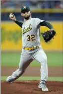  ?? ?? Oakland Athletics' James Kaprielian pitches to the Tampa Bay Rays during the first inning of a baseball game Sunday,
April 9, 2023, in St. Petersburg, Fla.