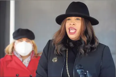  ?? Ned Gerard / Hearst Connecticu­t Media ?? Janene Hawkins, City of Bridgeport chief administra­tive officer, speaks at a news conference outside the Bridgeport Health Department’s Communicab­le Disease Clinic on Friday.