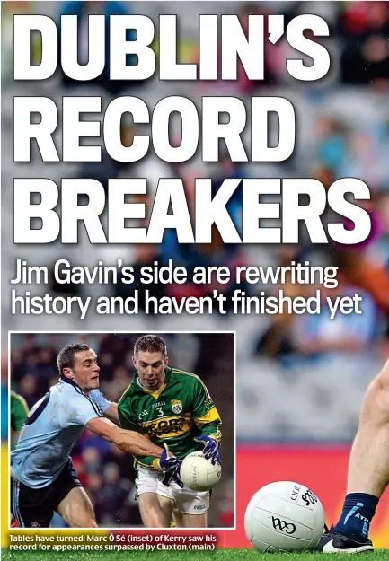  ??  ?? Tables have turned: Marc Ó Sé (inset) of Kerry saw his record for appearance­s surpassed by Cluxton (main)