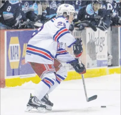  ?? JOURNAL PIONEER PHOTO ?? Josh MacDonald looks to make pass during MHL (Maritime Junior Hockey League) action earlier this season against the Edmundston Blizzard at Eastlink Arena.