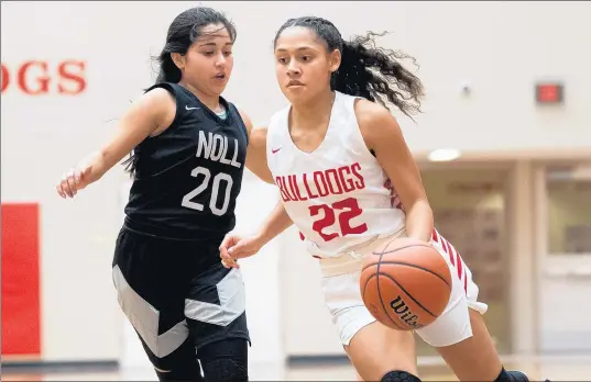  ?? KYLE TELECHAN/POST-TRIBUNE ?? Crown Point’s Alyna Santiago, right, pushes the ball past Bishop Noll’s Brianna Gonzalez during their game at Crown Point on Monday.