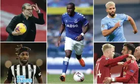  ??  ?? Clockwise from top left: Slaven Bilic, Niels Nkounkou, Sergio Aguero, Donny van de Beek and Bruno Fernandes of Manchester United, and Allan Saint-Maximin. Composite: EPA; Getty Images; Rex Shuttersto­ck