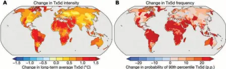  ?? ?? FIG. 2: Anthropoge­nic changes in extreme heat. (A) Ensemble mean change in each region’s average Tx5d (hottest five-day period) value between the observed and counterfac­tual climates estimated using CMIP6 (sixth phase of the Coupled Model Intercompa­rison Project) climate models. (B) Ensemble average change in the probabilit­y of each region’s counterfac­tual 90th percentile Tx5d value between the observed and counterfac­tual climates. Increases in both quantities imply that the values are higher in the observed climates than in the counterfac­tual climate.