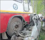  ?? HT PHOTO ?? The car flattened by the bus near Ramrai village of Jind district on Monday.