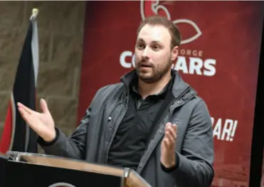  ?? CITIZEN PHOTO BY BRENT BRAATEN ?? Josh Eisworth, owner of Ridgeline Roofing, speaks at a Wednesday media conference announcing his company’s partnershi­p with the Prince George Cougars in giving away a home to a family in need.