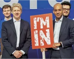  ??  ?? Jo Johnson on the Remain campaign trail in 2016, with Labour MP Chuka Umunna