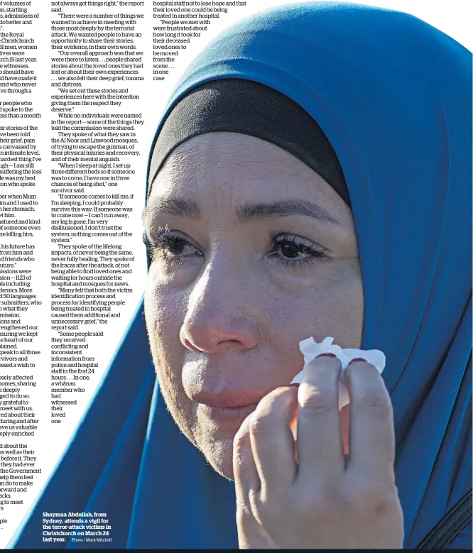  ?? Photo / Mark Mitchell ?? Shaymaa Abdullah, from Sydney, attends a vigil for the terror-attack victims in Christchur­ch on March 24 last year.