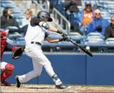  ?? JOHN BLAINE — FOR THE TRENTONIAN ?? Thunder’s Ben Ruta connects for a single during a game against Portland on Saturday afternoon.