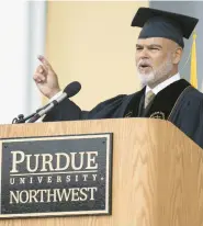  ?? KYLE TELECHAN/POST-TRIBUNE PHOTOS ?? CLOCKWISE FROM TOP: Purdue Northwest college of technology graduate Travis McKinney is presented the Chancellor’s Medallion by his son, Wyatt, 4, during the school’s commenceme­nt ceremony Sunday. Alumnus Alfredo Sori imparts advice to graduates. Purdue Northwest science in business graduate Kody Parkham receives his degree from chancellor Thomas Keon.