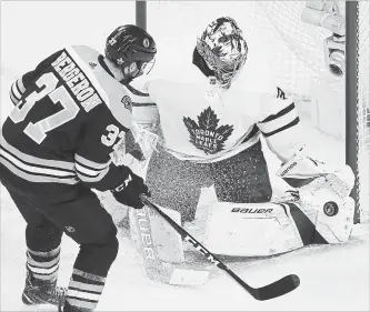  ?? BOSTON GLOBE ?? Maple Leafs’ Frederik Andersen was “unbelievab­le” in Game 5, stopping Patrice Bergeron and the Bruins.