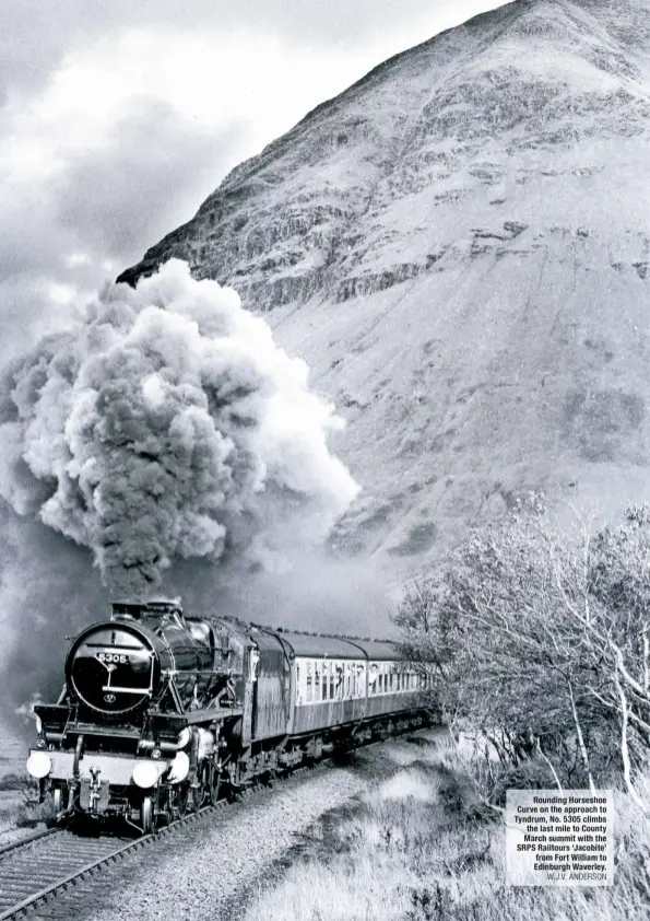  ?? W.J.V. ANDERSON ?? Rounding Horseshoe Curve on the approach to Tyndrum, No. 5305 climbs the last mile to County March summit with the SRPS Railtours ‘Jacobite’ from Fort William to Edinburgh Waverley.