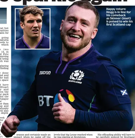  ??  ?? Happy return: Hogg is in line for his comeback as Skinner (inset) is poised to win his first Scotland cap