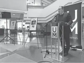  ??  ?? University of Memphis President M. David Rudd announces the donation to the university on March 12. DANN MILLER / THE COMMERCIAL APPEAL