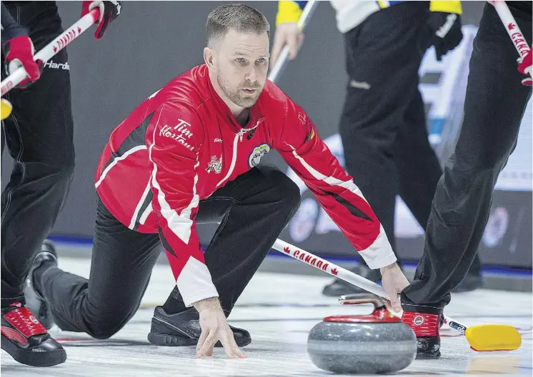  ?? ANDREW VAUGHAN/THE CANADIAN PRESS ?? With his victory over the Northwest Territorie­s in Regina on Monday, Team Canada’s Brad Gushue became the winningest skip in Brier history.