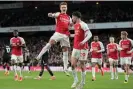  ?? Frank Augstein/AP ?? Ødegaard celebrates scoring the opener for Arsenal in their victory. Photograph: