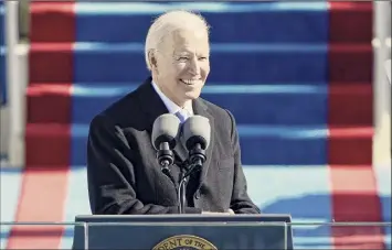  ?? Pool / Getty Images ?? President Joe Biden speaks during the the 59th inaugural ceremony on the West Front of the U.S. Capitol on Wednesday in Washington.