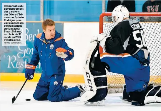  ?? PHOTO COURTOISIE ?? Responsabl­e du développem­ent des gardiens des Oilers d’edmonton, Sylvain Rodrigue pouvait exposer ses connaissan­ces sur la glace à Stuart Skinner, un choix de 3e ronde en 2017, avant la crise.