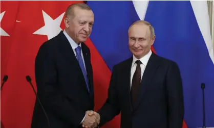  ??  ?? The president of Turkey, Recep Tayyip Erdoğan, and the Russian president, Vladimir Putin, at the Kremlin. Photograph: Anadolu Agency/ Anadolu Agency via Getty Images