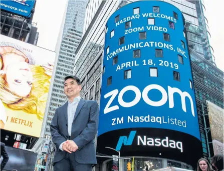  ?? GETTY IMAGES/AFP ?? Zoom founder Eric Yuan at the Nasdaq in April 2019. The company is valued at close to $100 billion.