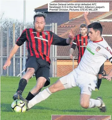  ??  ?? Seaton Delaval (white strip) defeated AFC Newbiggin 5-0 in the Northern Alliance League’s Premier Division. PIctures: STEVE MILLER